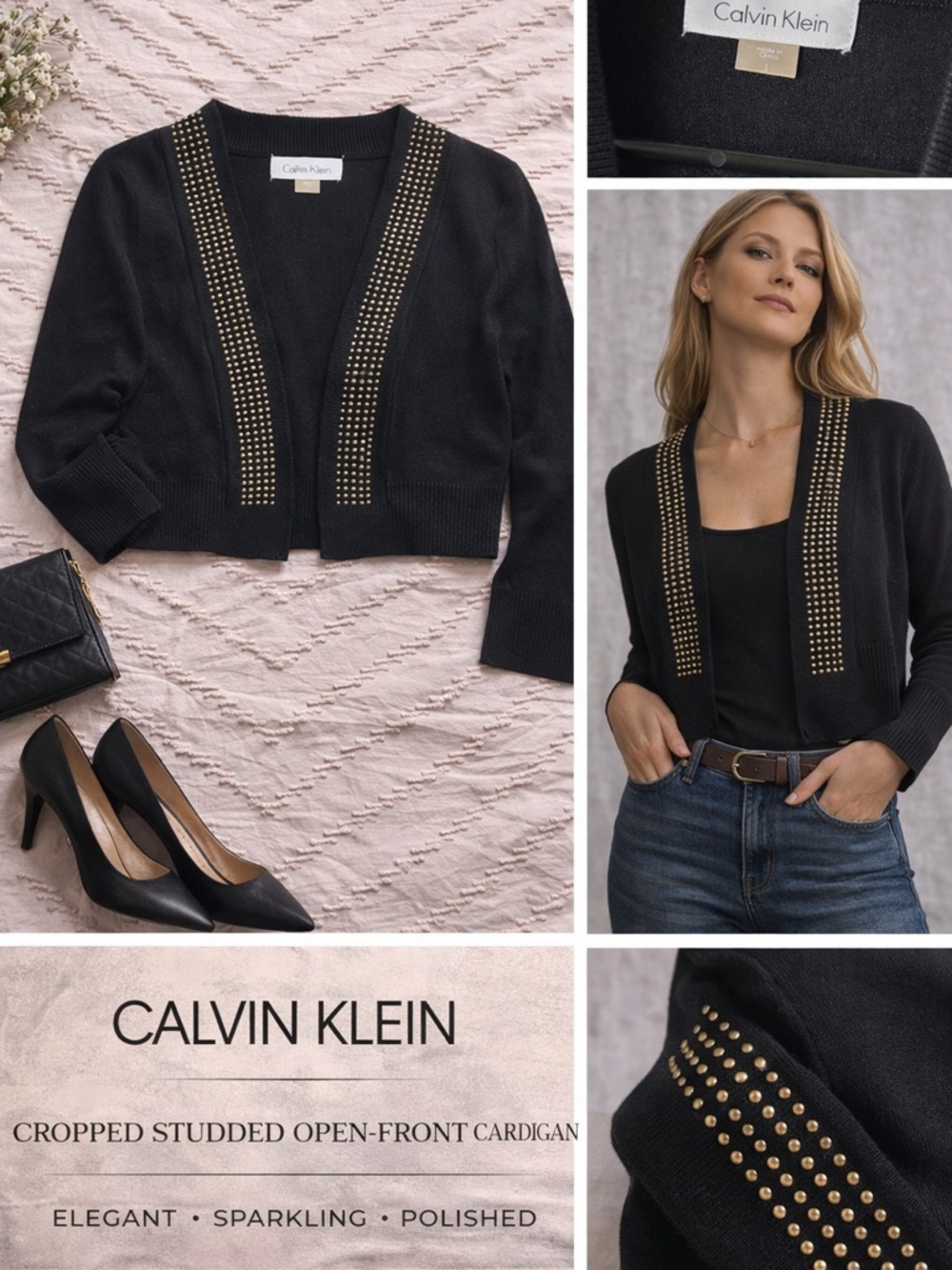 Calvin Klein Black Cropped Studded Open-Front Cardigan